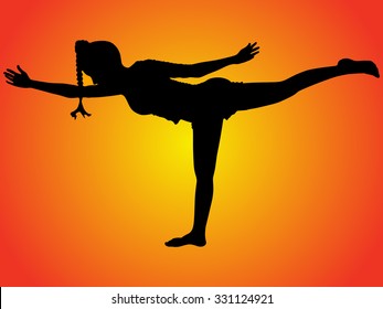 Sporty girl  doing exercise for legs, balancing in Warrior III posture, Virabhadrasana 3- Yoga position