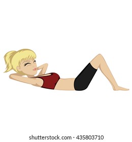 A sporty girl is doing sit ups (legs on floor)