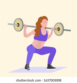 Sporty girl doing squats exercises with barbell attractive sportswoman in sportswear training