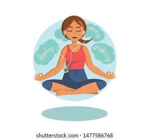 sporty girl doing yoga, listening to music in white headphones and flying in a Lotus position