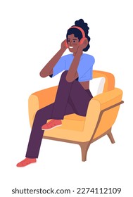 Sporty girl with headphones in armchair semi flat color vector character. Editable figure. Full body person on white. Simple cartoon style spot illustration for web graphic design and animation