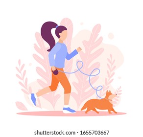 A sporty girl jogging with a Corgi dog. Vector flat style illustration for websites, banners, landing pages. A woman in sportswear is walking her pet and playing sports. Healthy lifestyle.