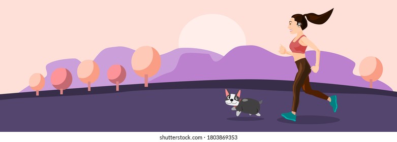 A sporty girl jogging with a  dog. Vector flat style illustration for websites, banners, landing pages. A woman in sportswear is walking her pet and playing sports. Healthy lifestyle.