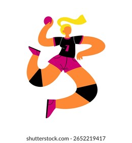 Garota esportiva pulando com a bola na mão. Bola de ilustração desenhada à mão de vetor.