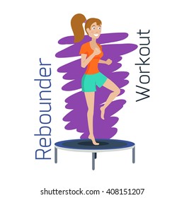 Sporty girl jumping on trampoline. Trampolining training. Jumping exercise. Vector illustration