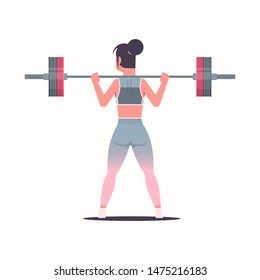 Sporty Girl Lifting Weights Doing Squats With Barbell Attractive Woman Training Workout Healthy Lifestyle Fitness Concept Sportswoman In Sportswear Flat Rear View Full Length White Background