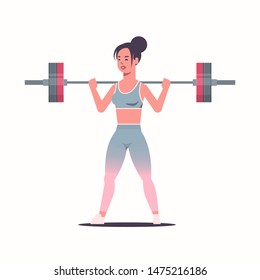 sporty girl lifting weights doing squats with barbell attractive woman training workout healthy lifestyle fitness concept sportswoman in sportswear flat full length white background