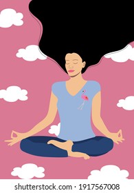 A sporty girl with long hair sits in a lotus position and meditates. Mentally dreams and feels light, as if flying in the clouds. Vector graphics.