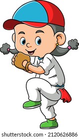 The sporty girl is playing the baseball and ready to throw the ball of illustration