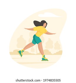 Sporty girl rollerblading. Young woman cheerfully rushes through summer park wheel skates. Active outdoor fitness with healthy relaxation. Joyful speed happiness movement. Vector flat illustration