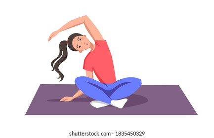 A sporty girl sits on the Mat in a lotus pose and makes a tilt to the side. Flat vector illustration for a sports Studio on a white background.