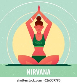 Sporty girl sitting in the Accomplished Pose or Siddhasana, against the background of the sun, in flat cartoon style. Yoga or Pilates concept. Front view. Vector illustration