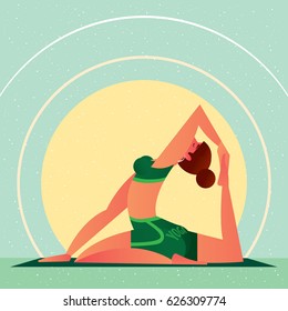 Sporty girl sitting in the One-Leg King Pigeon Pose or Eka Pada Rajakapotasana, in flat cartoon style. Yoga or Pilates concept. Side view. Vector illustration