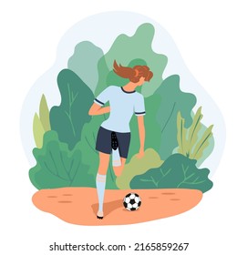 Sporty girl soccer player kicking the ball. Back view. Woman play football outdoors, in the park. Colorful art female character with greenery trees isolated on white background. Vector illustration.