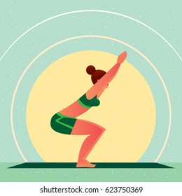 Sporty girl standing in the Chair Pose or Utkatasana, against the background of the sun, in flat cartoon style. Yoga or Pilates concept. Side view. Vector illustration