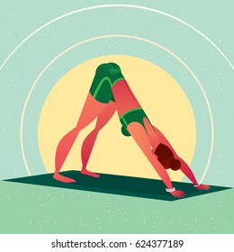 Sporty girl standing in the Downward-Facing Dog Pose or Adho Mukha Shvanasana, in flat cartoon style. Yoga or Pilates concept. Front side view. Vector illustration