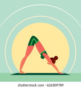Sporty girl standing in the Downward-Facing Dog Pose or Adho Mukha Shvanasana, in flat cartoon style. Yoga or Pilates concept. Side view. Vector illustration