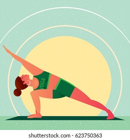 Sporty girl standing in the Extended Side Angle Pose or Utthita Parsvakonasana, in flat cartoon style. Yoga or Pilates concept. Side view. Vector illustration
