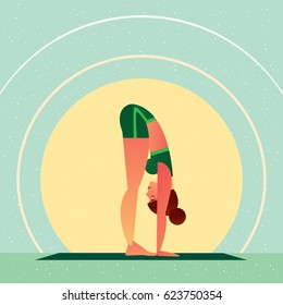 Sporty girl standing in the Standing Forward Bend Pose or Uttanasana or Padahastasana, in flat cartoon style. Yoga or Pilates concept. Side view. Vector illustration