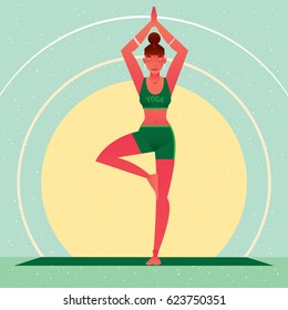 Sporty girl standing in the Tree Pose or Vrikshasana, against the background of the sun, in flat cartoon style. Yoga or Pilates concept. Front view. Vector illustration
