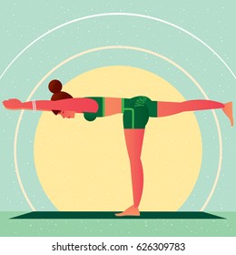 Sporty girl standing in the Warrior Pose or Virabhadrasana, against the background of the sun, in flat cartoon style. Yoga or Pilates concept. Side view. Vector illustration