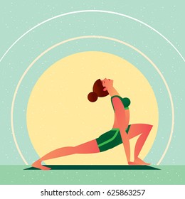 Sporty girl standing in the Yoga Open Heart Chakra Hand Bound Warrior Pose or Anahata Chakra Baddha Hasta Virabhadrasana, in flat cartoon style. Side view. Vector illustration