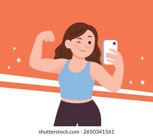Garota esportiva. Mulher forte e confiante tirando uma selfie enquanto flexiona seu bíceps. Motivação de aptidão, positividade corporal e conceito de amor-próprio na ilustração vetorial de desenhos animados.
