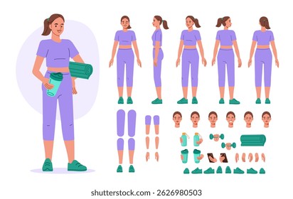 Menina esportiva vestindo roupas de fitness segurando shaker de proteína. Construtor de caracteres para animação. Vista frontal, lateral e traseira configuradas. Partes do corpo, posturas, posturas coleção. Ilustração vetorial.