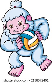 The sporty girl yeti is playing the volley ball in the field of illustration