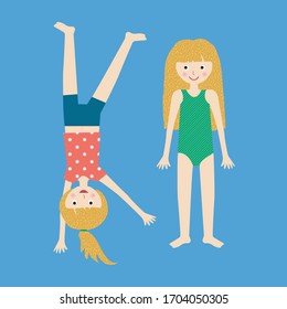 Sporty girls characters cartwheel and swimming illustrations. Flat coloured vector illustration