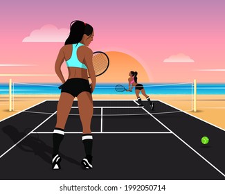 sporty girls play tennis on the beach