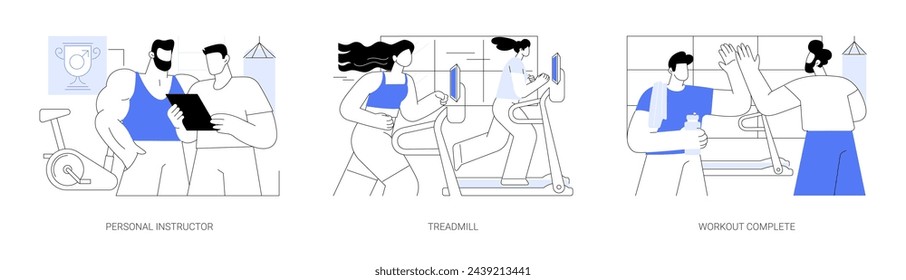 Conjunto de ilustraciones vectoriales de dibujos animados aislados de objetivo deportivo. Instructor personal, entrenamiento de cardio en cinta de correr, entrenamiento completo, logro de fitness, estilo de vida saludable, adicción al deporte vector de dibujos animados.