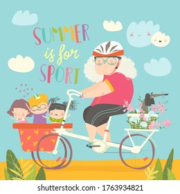 Sporty grandmother riding bicycle with her grandchildren
