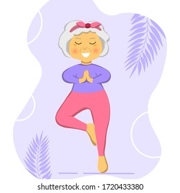 Sporty Granny does Yoga. Old person. Vector colorful cartoon illustration. Senior woman in pose yoga. Exercising for better health. Isolated flat image. Grandma. Grandmother character.