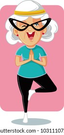 Sporty Granny in Yoga Pose Vector Cartoon. Senior woman in tree pose exercising for better health and articulations mobility 
