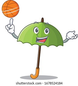 A sporty green umbrella cartoon mascot design playing basketball