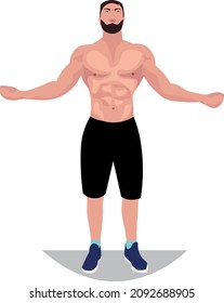 a sporty guy with a bare torso with his arms spread to the side looking up