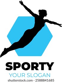 Sporty Gym or Sport School Logotype Template with Jumping Female Full Body Silhouette