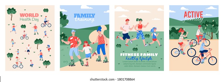 Una familia deportiva y saludable que lleva un estilo de vida activo y saludable. El gimnasio activo al aire libre. Día Mundial de la Salud. Ilustraciones vectoriales planas. Un conjunto de pancartas o afiches con inscripciones