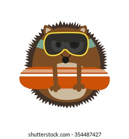 Sporty Hedgehog with goggles and a snowboard und his arm on white background. Vector and illustration design.