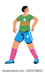 Sporty isolated male character wearing traditional football uniform. Footballer in jersey assessing situation on football field. Professional player performing in game. Vector in flat styles