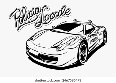 Coche deportivo de la policía italiana. Inscripción "Policia Locale" Gráfico de Vector. 