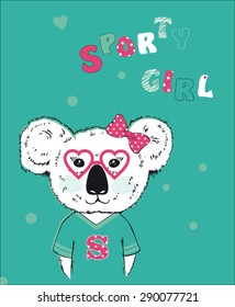 sporty koala bear girl in glasses vector illustration