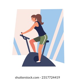 Sporty lady doing cardiovascular workout on fitness equipment. Merry athletic young female dressed in sportswear riding stationary exercise bike. Flat vector illustration