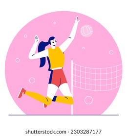 Sporty lady on the volleyball training ground performing jump and kick ball. Active training in gym, preparation for competitions. Health care and healthy lifestyle concept. Flat vector illustration