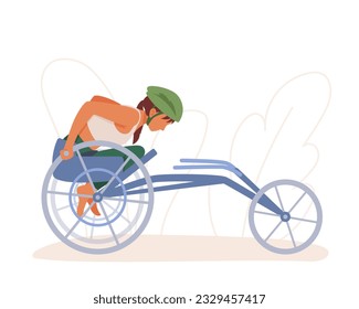 Sporty lady in protective helmet with disability sitting on bicycle. Concept of developing independence. Activities for people with physical barriers. Vector flat illustration