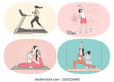 Sporty lifestyle of modern woman concept. Set of young women making exercises stretching jogging and practicing yoga workouts in office at home and in gym vector illustration 