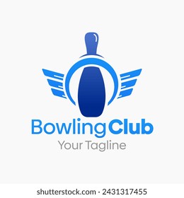 A sporty logo combining a bowling pin silhouette with wing elements, symbolizing fast-moving bowling sport and club identity with soaring athletic energy. The vibrant blue and clean flat style delivers dynamic sporting appeal. Ideal for bowling club brands, sport entertainment companies, bowling league platforms, athletic club startups, and sporting identity businesses.