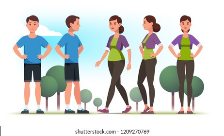 Personas con aspecto deportivo, hombre y mujer vestidos con ropa deportiva casual, sosteniendo las manos en las caderas y dama caminando al aire libre. Posturas de vista frontal y lateral. Ilustración aislada de vector de estilo plano