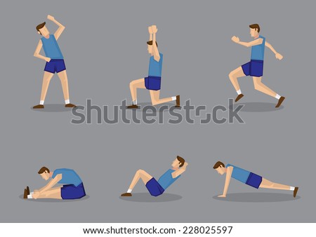 Sporty man in blue singlet and shorts doing stretching and warming up exercises. Vector illustration set isolated on grey background.